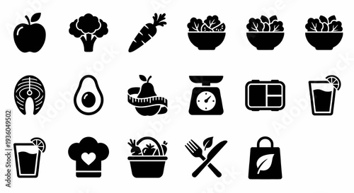 Solid black icons for healthy nutrition and meal planning. Fruits, vegetables, and organic food collection. Vector illustration for diet, cooking, and wellness lifestyle concepts.