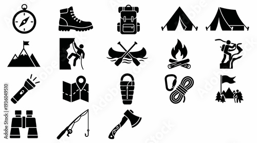Solid black icons for adventure and outdoor sports. Hiking, camping, and climbing collection. Vector illustration for eco-tourism, exploration, and nature lifestyle concepts. Black and white.