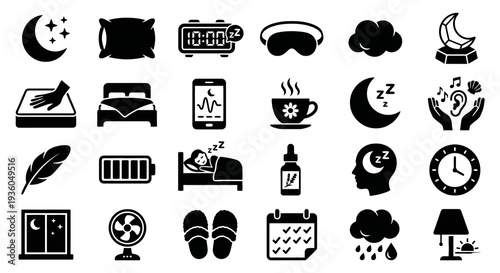 Solid black icons for sleep and recovery. Resting, dreaming, and sleep hygiene collection. Vector illustration for wellness, health tracking, and comfort concepts. Black and white.
