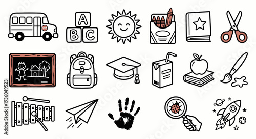 Bold black outline icons for kids education and preschool. Early learning and daycare collection. Vector illustration for school supplies, children's projects, and educational app concepts.
