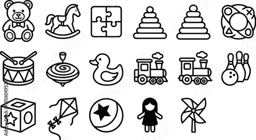 Bold black outline icons for educational toys and preschool games. Child development and playtime collection. Vector illustration for toy stores, nursery rooms, and learning activities.