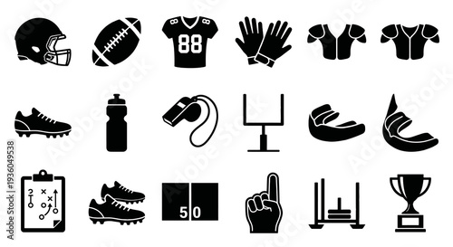 Solid black icons for American football essentials. Sports gear, equipment, and stadium collection. Vector illustration for football training, game day, and athletic competition concepts. Black and wh