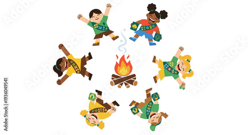 Cartoon illustration of diverse kids celebrating Girl Scout Day around a campfire in a joyful outdoor setting