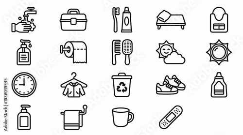 Bold black outline icons for preschool hygiene and daily school routines. Daycare self-care and schedule collection. Vector illustration for health habits, handwashing, and classroom activities.