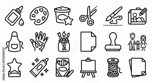 Bold black outline icons for preschool arts and creativity. Children's craft and drawing collection. Vector illustration for art classes, DIY projects, and creative play activities.