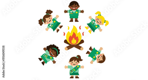 Cartoon illustration of children in green shirts gathered around a campfire in a village on Girl Scout Day with eco-friendly summer activities
