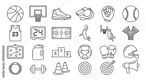 Solid black icons for basketball essentials and court equipment. Sports gear, hoop, and athlete collection. Vector illustration for basketball training, tournament, and game day concepts. Black and wh