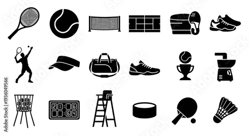 Solid black icons for tennis and racket sports. Equipment, gear, and tournament collection. Vector illustration for tennis training, match day, and court sports. Black and white.