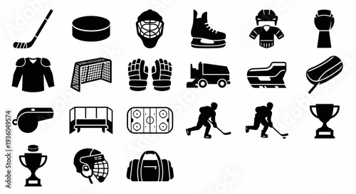 Solid black icons for ice hockey and winter sports. Equipment, gear, and ice rink collection. Vector illustration for hockey training, game day, and tournament concepts. Black and white.