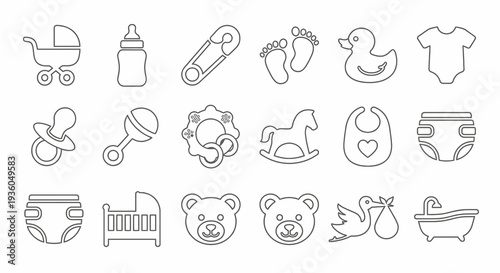 Solid black icons for baby shower and newborn essentials. Nursery, infant care, and maternity collection. Vector illustration for baby announcements, parenting apps, and childhood concepts. Black and 