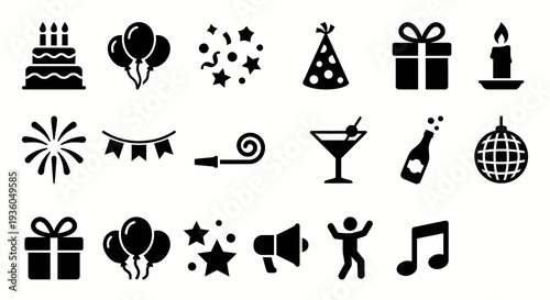 Solid black icons for party and celebration essentials. Birthday cake, balloons, and gift collection. Vector illustration for events, holidays, and festive anniversary concepts. Black and white.