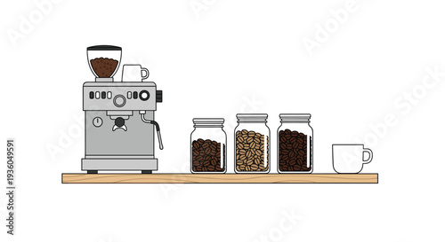 A minimalist illustration depicts a grey espresso machine with a grinder, three jars of coffee beans, and a white mug on a wooden shelf.