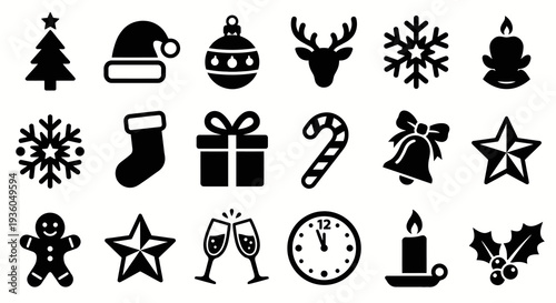 Solid black icons for Christmas and New Year holidays. Festive season, winter celebration, and holiday gift collection. Vector illustration for greeting cards, seasonal sales, and winter event concept