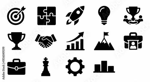 Solid black corporate icons for goals, success, and collaboration. Business strategy, partnership, and achievement collection. Vector illustration for professional growth, leadership, and teamwork con