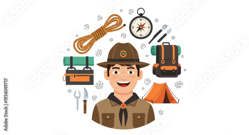 A cheerful cartoon illustration of a scout surrounded by camping gear and tools in a colorful design