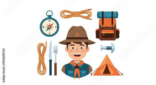 A cheerful cartoon illustration of a scout boy surrounded by camping gear and tools on a clean white background with a colorful and adventurous mood