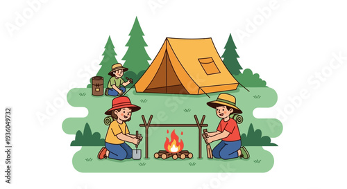 Cartoon illustration of children camping and celebrating Girl Scout Day with a campfire and tent in a natural village setting