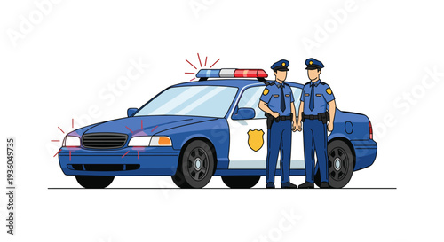Two male police officers in blue uniforms stand beside a dark blue and white police sedan with flashing lights on a white background.