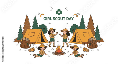 A colorful illustration of kids celebrating Girl Scout Day with a camping activity in a forest