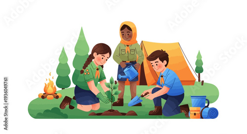 Cartoon illustration of children planting a tree in a summer camp setting with a tent and campfire nearby, conveying a joyful and eco-friendly mood
