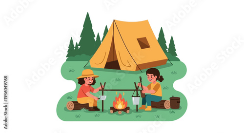 Cartoon illustration of two children camping outdoors with a tent and campfire in a forest clearing on a sunny day