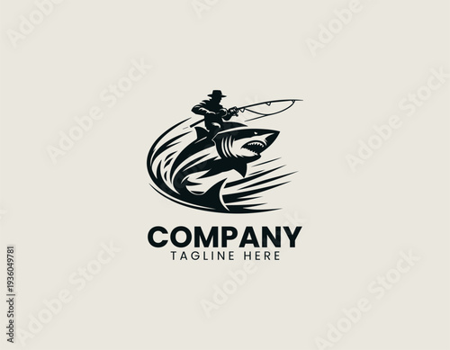 Fisherman riding shark with fishing rod in clean modern extreme adventure vector illustration style