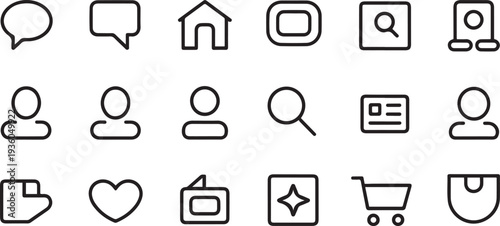 Set of minimalistic outline icons for user interface and web applications. Includes common symbols such as message, one line art icon drawing vector