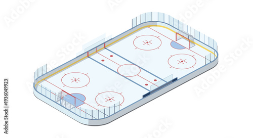 An isometric illustration displays a complete ice hockey rink featuring blue goal nets, red and blue markings, and surrounding glass barriers on a white background.
