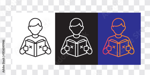 Person Reading Book Icon Set with Open Book on Transparent Background, Reading Book Icon Vector Person Studying Line Black and Neon Variations