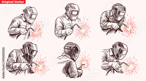 Welder Worker Vintage Sketch Illustration Set