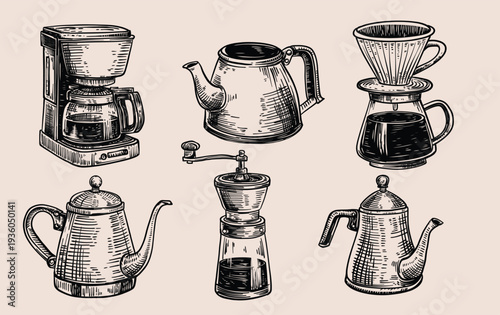 Vintage Coffee Brewing Equipment Hand Drawn Illustration Set