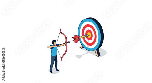 A male archer in a blue shirt and dark pants draws a red bow, shooting an arrow directly into the bullseye of a large, colorful target.