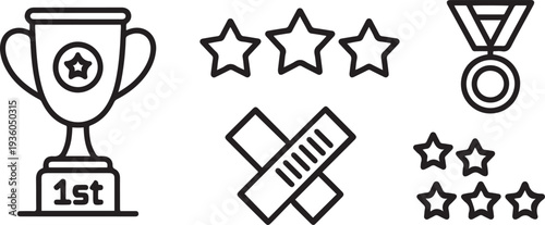 Ranking line icons. First place, star rating and winner medal. Shoulder strap, army achievement and star ranking icons. one line art icon drawing vector