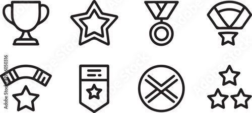 Ranking line icons. First place, star rating and winner medal. Shoulder strap, army achievement and star ranking icons. one line art icon drawing vector