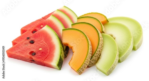 Vibrant slices of watermelon, cantaloupe, and honeydew melon arranged on a white background.