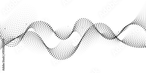Intertwined black dot waves create a mesmerizing pattern on a white background, representing abstract data streams or fluid motion.