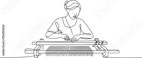 Woman at a loom. Making fabric by hand. International Craft Day. Vector illustration. one line art icon drawing vector