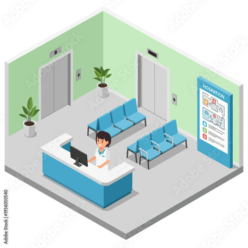 Receptionist Working at Clinic Desk.