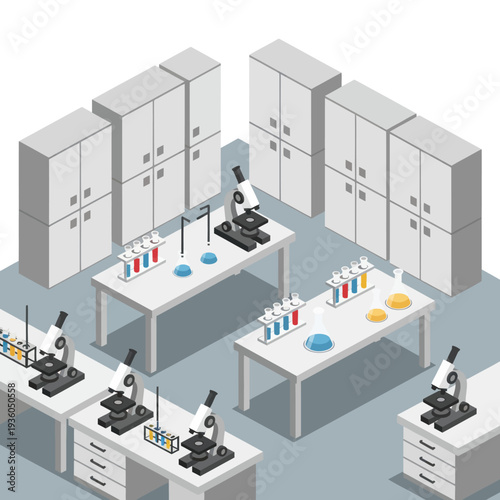 Laboratory Workstations with Microscopes and Equipment.