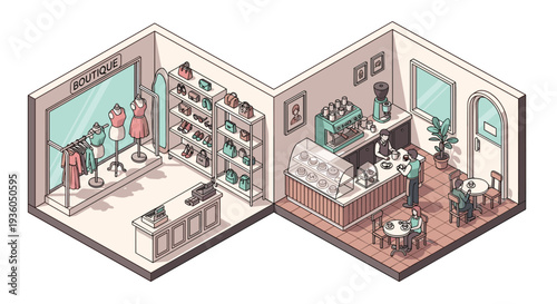 An isometric illustration shows a combined boutique and coffee shop interior with mannequins, clothing, a barista, and seated customers.
