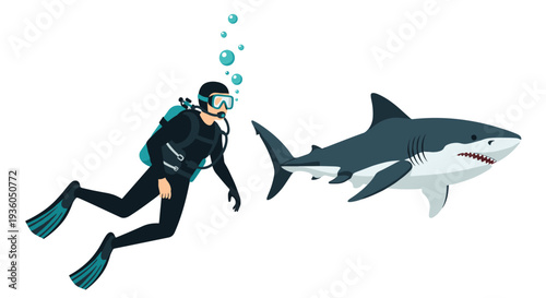 An isometric illustration shows a scuba diver in a black wetsuit swimming alongside a large grey shark with visible teeth.