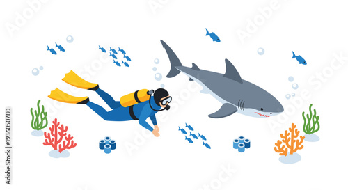 An isometric illustration features a scuba diver in a blue wetsuit and yellow fins swimming with a grey shark amidst coral and fish.