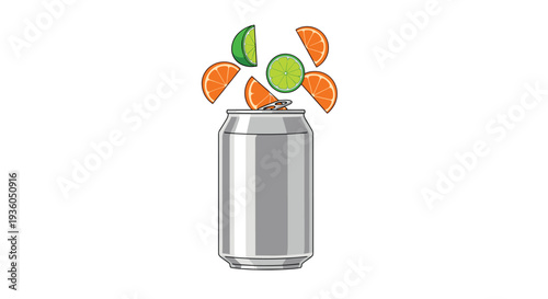 An illustration depicts an open silver beverage can with seven assorted citrus fruit slices, including oranges and limes, falling into its top on a clean white backdrop.
