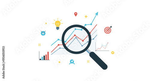 A magnifying glass is centered over a detailed line graph with an upward trend, surrounded by various small business and analytics icons on a clean white background.