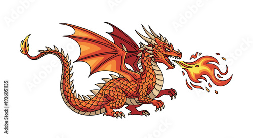 A vibrant red and orange dragon with large wings and intricate scales is depicted breathing fiery flames from its mouth on a clean white background.