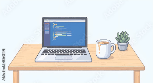 Remote Work / Home Office
Title: Modern Remote Work Desk Setup Pixel Art Illustration