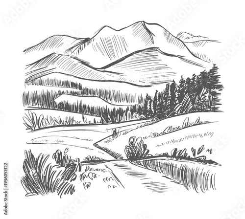 Black and white ink of a winding road through rolling hills and mountains