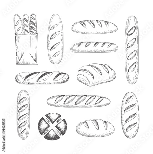 Black and white style of various bread loaves and baguettes loaf