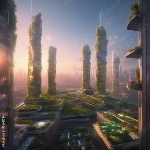 Futuristic Cityscape with Towering Skyscrapers and Lush Green Terraces at Sunrise