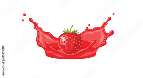 A single ripe red strawberry with a green stem is depicted creating a dynamic crown-shaped splash in vibrant red liquid on a clean white background.
